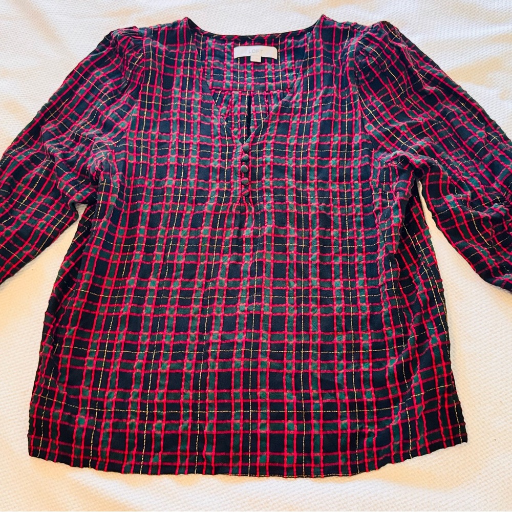 LOFT Black Red Green Gold Plaid V-Neck Blouse Puff Sleeve Top Women’s Shirt - Picture 4 of 16